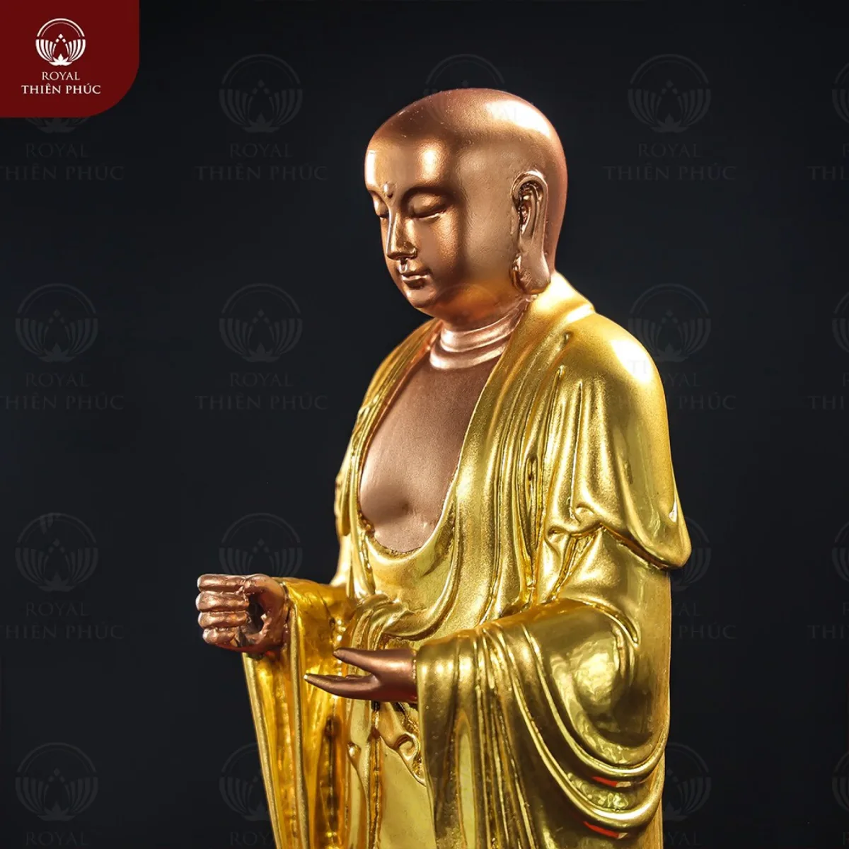 Tượng Đại Hiếu Mục Kiền Liên đứng đài sen bằng đồng dát vàng dát bạc 4 tuongdaihieumuckienliendungdaisenbangdongdatvangdatbac4 w1200