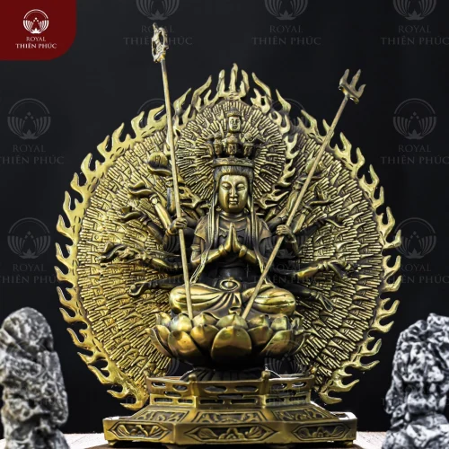 Tượng Phật Thiên Thủ Thiên Nhãn ngự tòa sen báu bằng đồng vàng