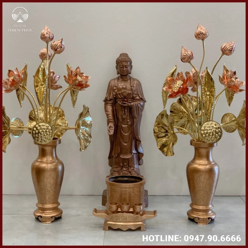 Tượng Phật A Di Đà đứng bằng đồng đỏ cao 60cm