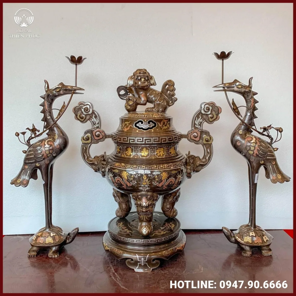 Bộ tam sự hạc đồng khảm ngũ sắc song long chầu nguyệt 1 Bộ tam sự hạc đồng khảm ngũ sắc song long chầu nguyệt