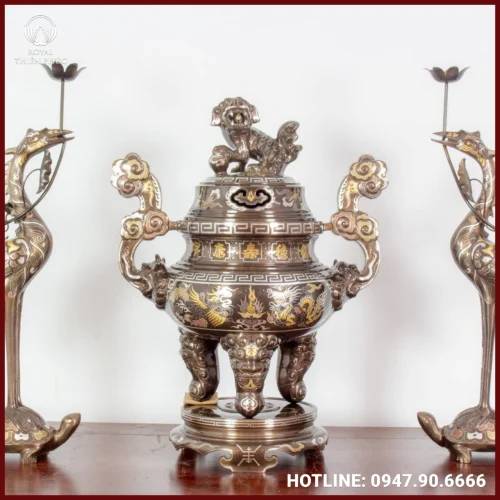 Bộ tam sự hạc bằng đồng khảm tam khí thờ cúng tinh xảo