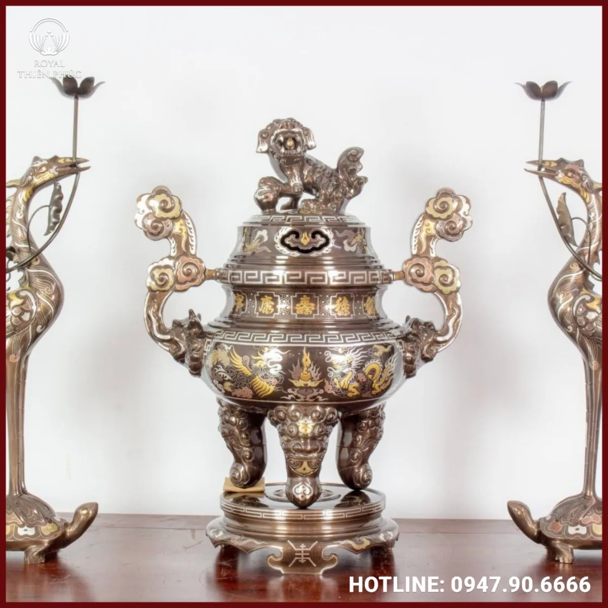 Bộ tam sự hạc bằng đồng khảm tam khí thờ cúng tinh xảo 1 Bộ tam sự hạc bằng đồng khảm tam khí thờ cúng tinh xảo