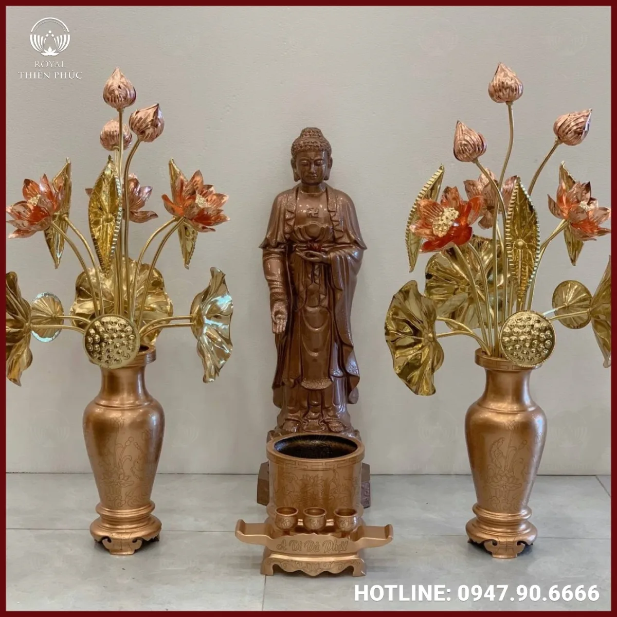 Tượng Phật A Di Đà đứng bằng đồng đỏ cao 60cm