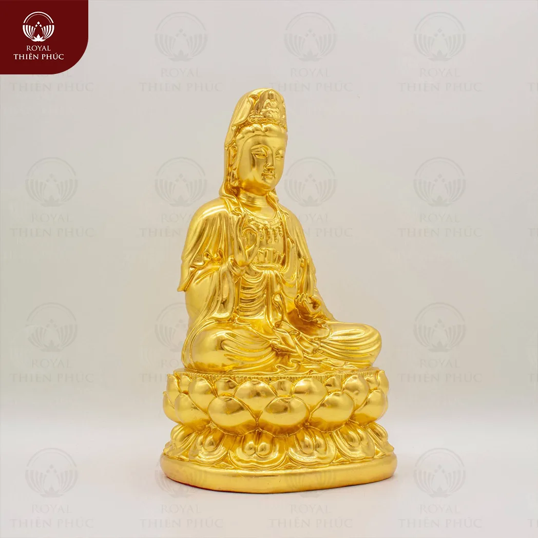 Tượng Phật bà Quan Âm ngự tòa sen báu bằng đồng dát vàng 9999 4 118 1 w1200