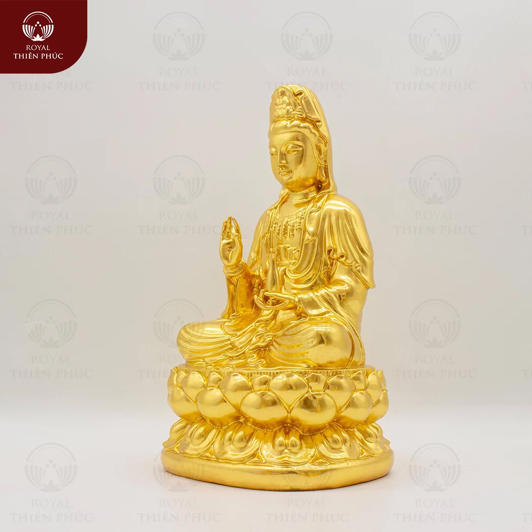 Tượng Phật bà Quan Âm ngự tòa sen báu bằng đồng dát vàng 9999 5 118 2 w1200