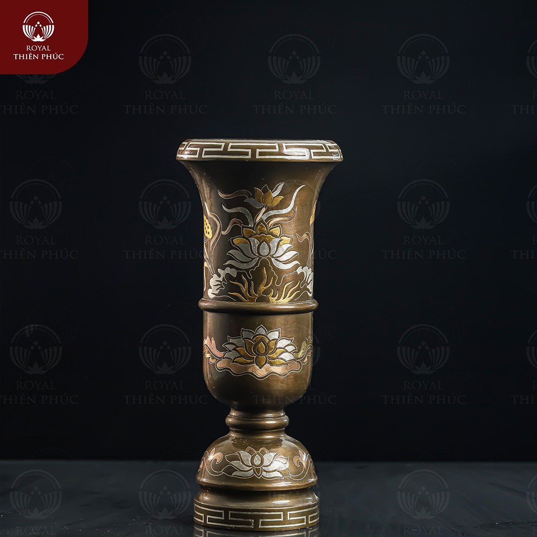 Ống hương đồng khảm tam khí dát điểm vàng chạm sen cao 30cm 1 133 1