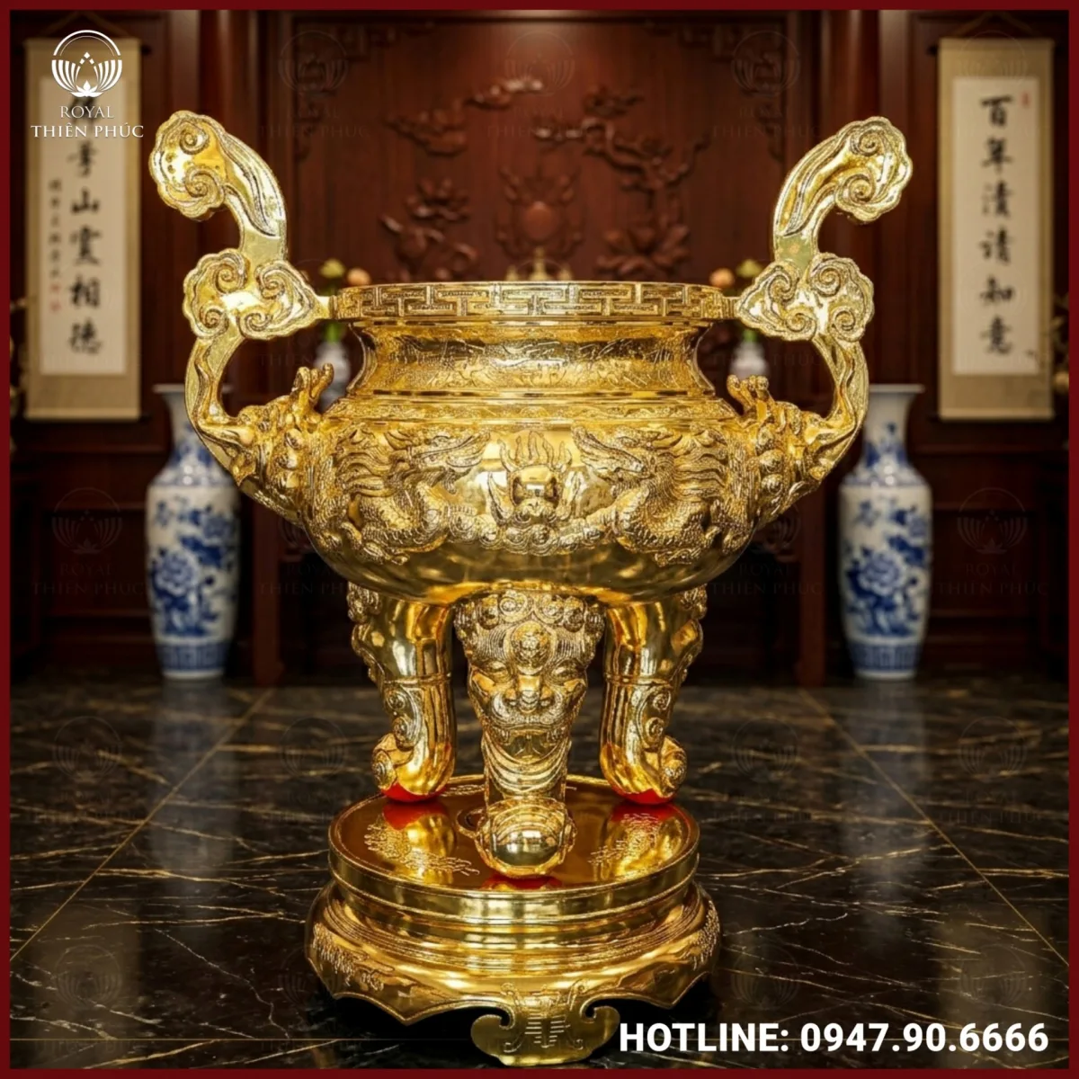 Lư hương song long chầu nguyệt đồng đỏ mạ vàng 1 luhuongdongdomavang w1200