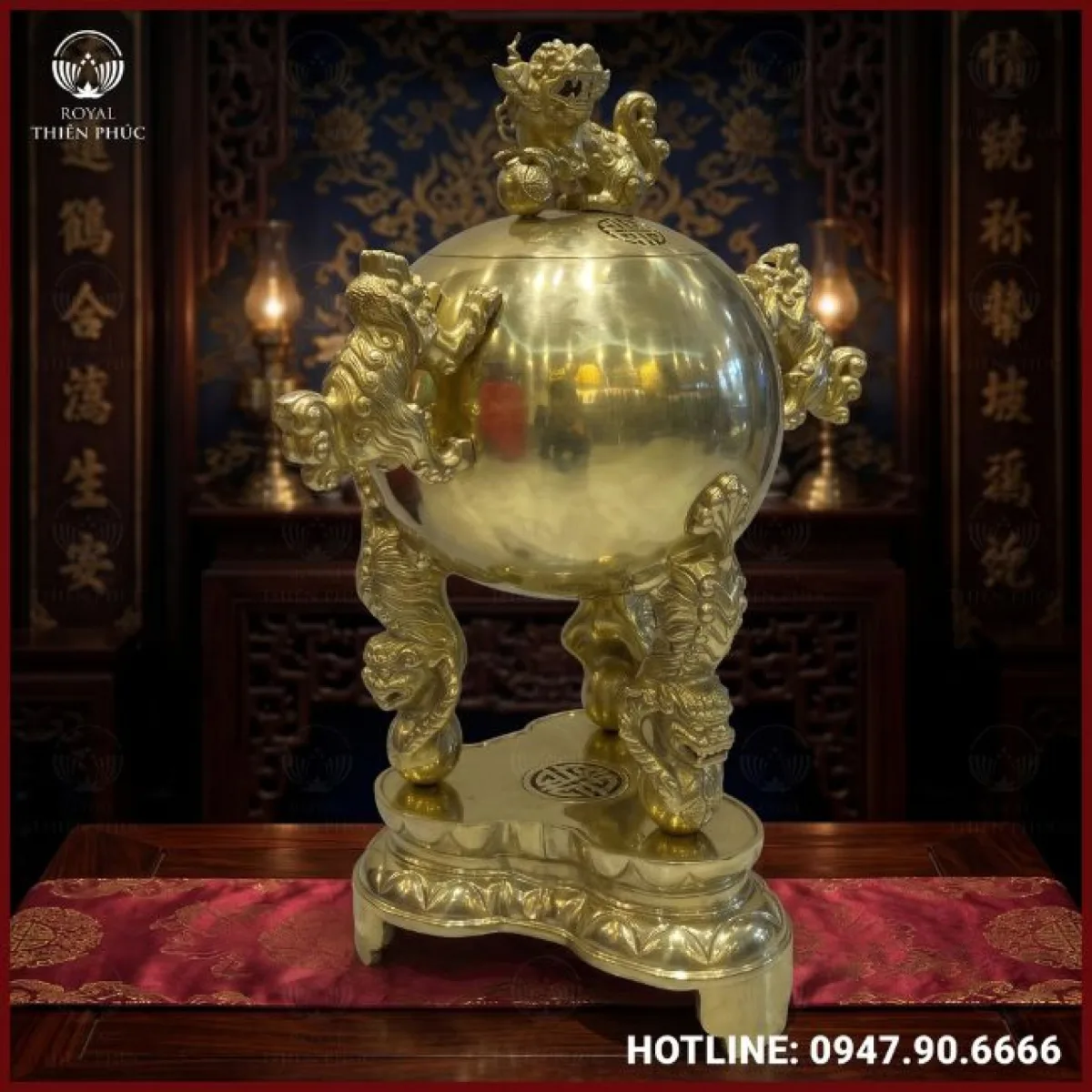 Đỉnh thất lân vờn cầu bằng đồng vàng catut cao 1m17 2 Đỉnh thất lân vờn cầu bằng đồng vàng catut cao 1m17
