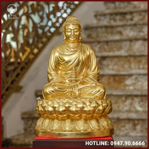 Tượng Phật Thích Ca cầm tiểu tháp đồng đỏ dát vàng cao 50cm